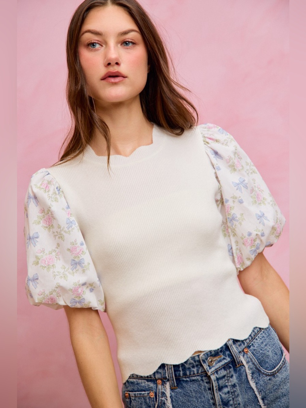 SO ME Floral Cotton Contrast Sleeves Scallop Sweater Top